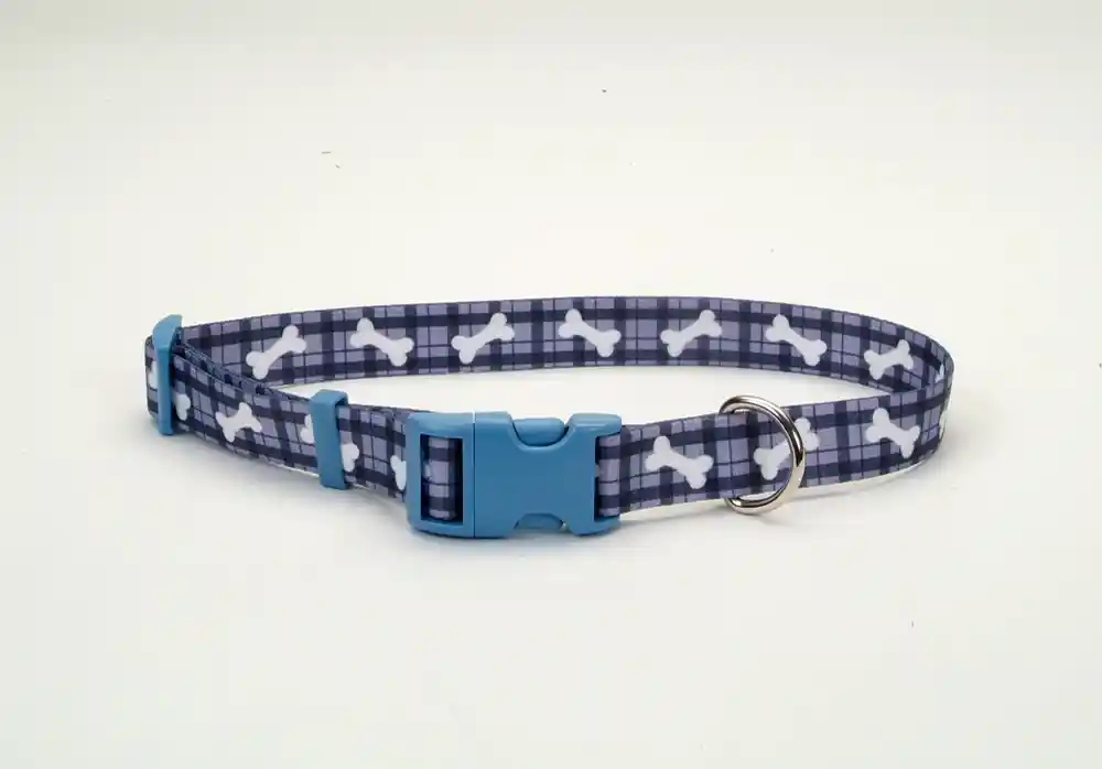 Adjustable Dog Collar Plaid Bones 5/8" X 10" - 14"