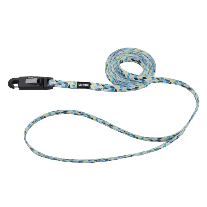 Li'l Pals teal yellow grey stained glass dog leash, 6-foot coiled view