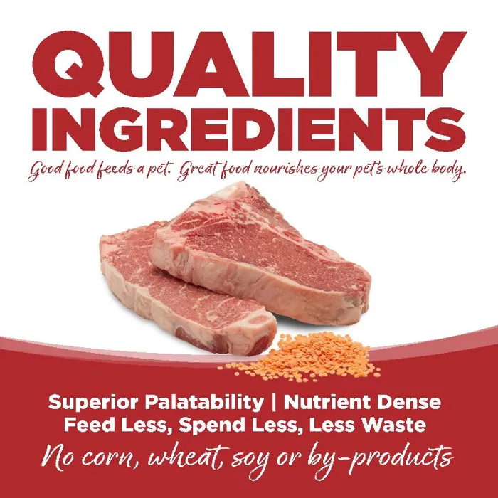 PureVita Beef & Red Lentils 12 lb quality ingredients graphic