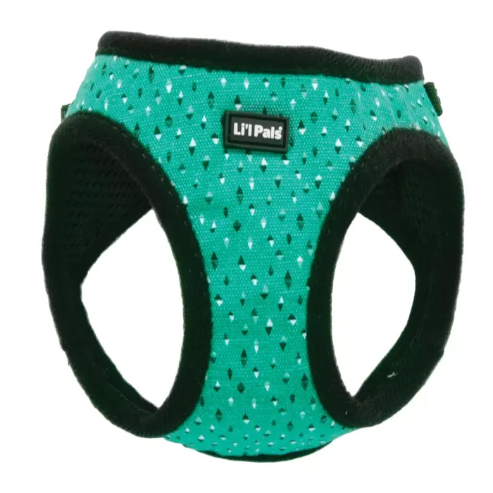 Li'l Pals Canvas Dog Harness teal grey diamonds front