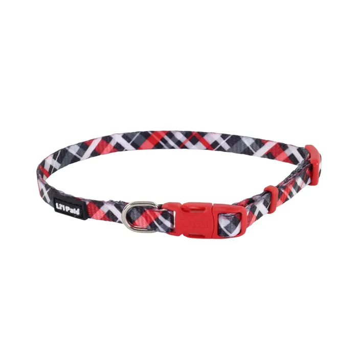 Li'l Pals red and grey plaid petite X-small collar back view