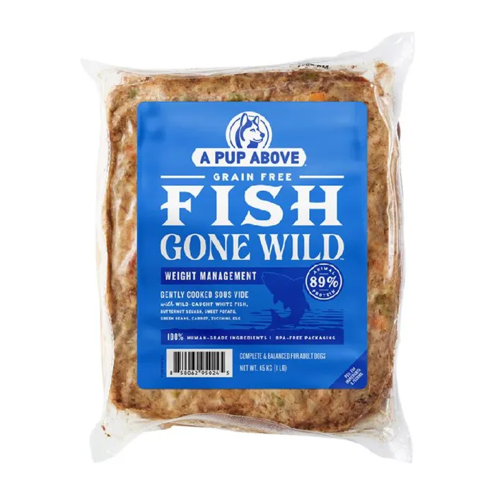 A Pup Above Fish Gone Wild frozen dog food, 1 lb package back label