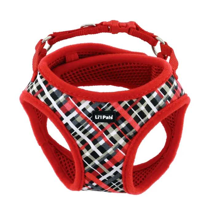 Li'l Pals Canvas Dog Harness Red Grey Plaid X-Small front view